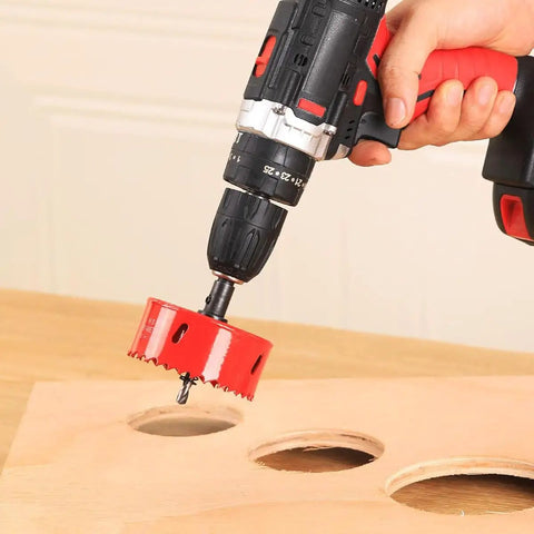 Person using drill with Three And Three Quarters Inch Bi Metal Hole Saw Drill Bits Kit for wood, showcasing precise cutting.