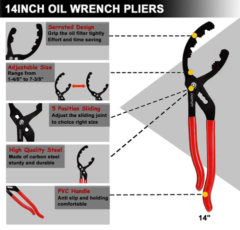 14-inch oil wrench pliers with serrated design, adjustable jaw, high-quality steel, PVC handle, part of Beefed Up Adjustable Oil Filter Pliers Set With 10, 12, 14, And 16 Inch Pliers, Universal Removal Tool For Cars Trucks And Motorcycles, Includes Small Oil Funnel, Grips From 1 1/4 To 8 1/2 Inches, Heavy Duty Wrench Kit.