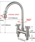Diagram showing dimensions of 2 Hole 4 Inch Deck Mount Bar Prep Faucet With Brushed Nickel Finish, 2 Handle Commercial Kitchen Utility Sink Faucet In Stainless Steel With Aerator Durable Construction For Heavy Use In Restaurants And Home Bar Setups, Easy To Install And Clean.