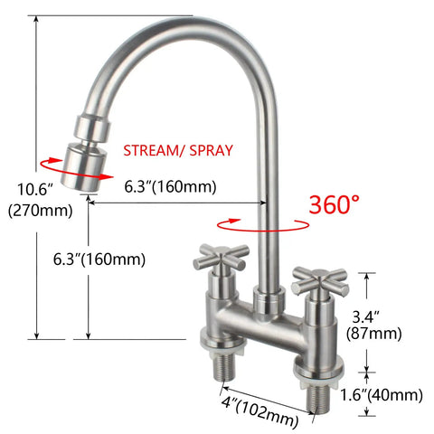 Diagram showing dimensions of 2 Hole 4 Inch Deck Mount Bar Prep Faucet With Brushed Nickel Finish, 2 Handle Commercial Kitchen Utility Sink Faucet In Stainless Steel With Aerator Durable Construction For Heavy Use In Restaurants And Home Bar Setups, Easy To Install And Clean.