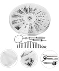 Eyeglass Repair Kit With Screws And Precision Screwdriver For Glasses Sunglasses And Watches The All In One Tool For Easy Quick Fixes At Home Or On The Go, showing screws and tools in a round kit case.