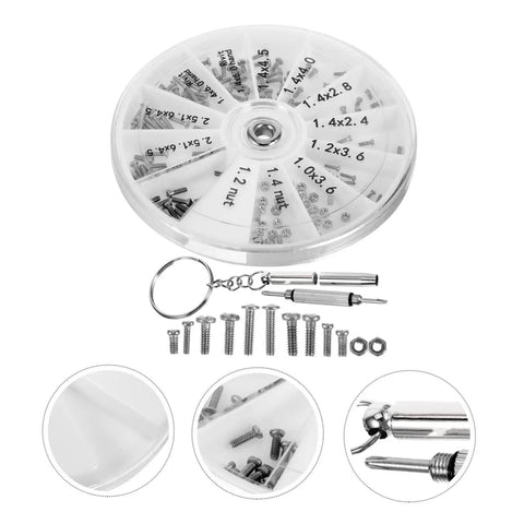 Eyeglass Repair Kit With Screws And Precision Screwdriver For Glasses Sunglasses And Watches The All In One Tool For Easy Quick Fixes At Home Or On The Go, showing screws and tools in a round kit case.