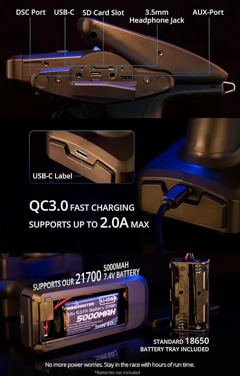 Open Source Surface Radio Controller MT12 with USB-C, SD card slot, audio ports, and battery compartment for RC cars and boats