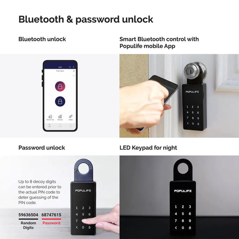 Smart Lock Box For House Keys Outdoor Wall Mount With Bluetooth Keys And Pin Codes, showing app and keypad use.