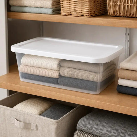 Clear Plastic Storage Bins 6 Quart With White Snap On Lids Stackable Set Of Ten Versatile Home Organization Containers Kitchen Pantry Deserves Hella Durable Setup You Gonna Love filled with neatly folded blankets on a shelf.