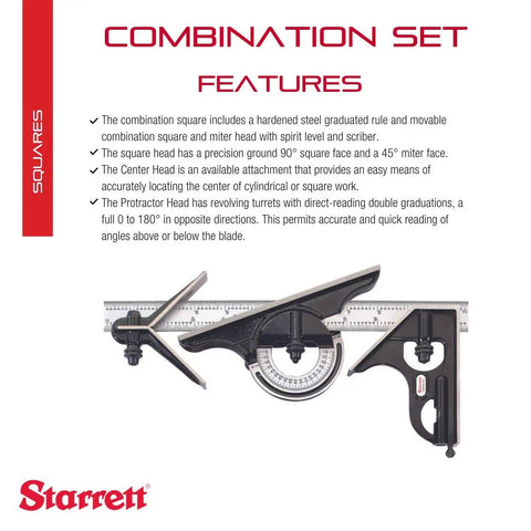 Combination Square Set With Square, Center And Reversible Protractor Head And Blade, 12 Inch Blade, Cast Iron Heads