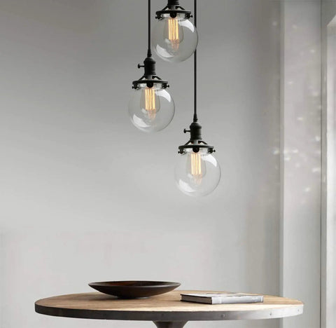 Three Light Industrial Cluster Pendant Ceiling Fixture With 5.9 Inch Clear Globe Shades In Black Finish for foyer lighting