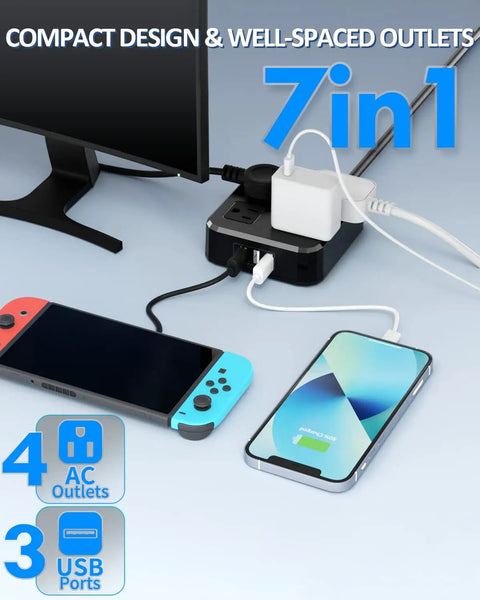 Outdoor Weatherproof Power Strip With 4 Wide Outlets And 3 USB Ports 10Ft Extension Cord Wall Mountable Surge Protector