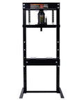 Garage Workhorse 20 Ton Hydraulic Shop Press With Rock Solid H Frame Floor Mount Stand For Weekend Warriors And Pro Shops front view of the black hydraulic press.