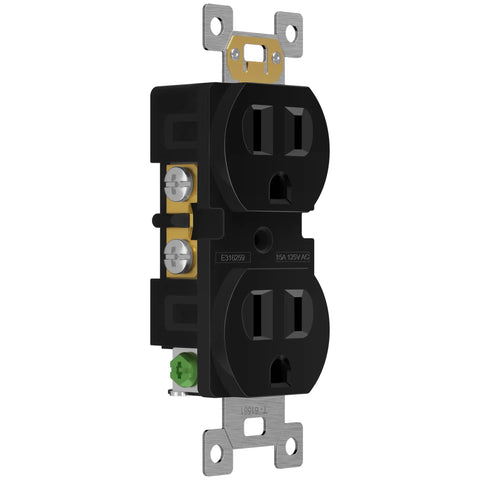 Heavy Duty Duplex Receptacle Outlet For Home Use, 15A 125V Self Grounding 2 Pole 3 Wire Residential Grade Wall Plug, UL Listed Black