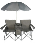 Double Folding Camping Chair With Umbrella And Fold Up Table Beverage Holder Cooler Bag Go To Outdoor Chairs For Patio Pool Park Beach And Picnics Grey