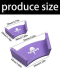 Purple racket wall mount organizer for tennis badminton ping pong shown in different sizes with measurements printed.