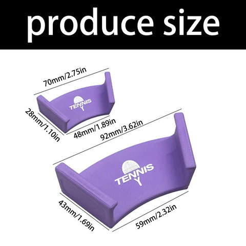 Purple racket wall mount organizer for tennis badminton ping pong shown in different sizes with measurements printed.