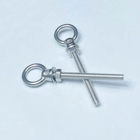 Two stainless steel M8 eyebolts from Six Pack M8 Eyebolts Stainless Steel Heavy Duty Lifting Rings For Swing Tire Chair And Suspension Fittings Outdoor Indoor Anchoring Kit Five Sixteenths Inch By Three And One Eighth Inch, shown side by side on a plain background.