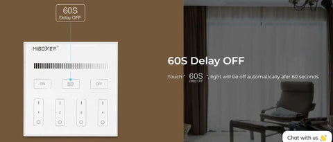 Four Zone Wireless Panel Remote Battery Powered No Wiring Setup With Magnetic Holder Outdoor Mount No Fuss Easy 2 4G RF Control Brightness Adjustable For FUT035W Plus MiLight Series, showing 60S Delay Off feature.