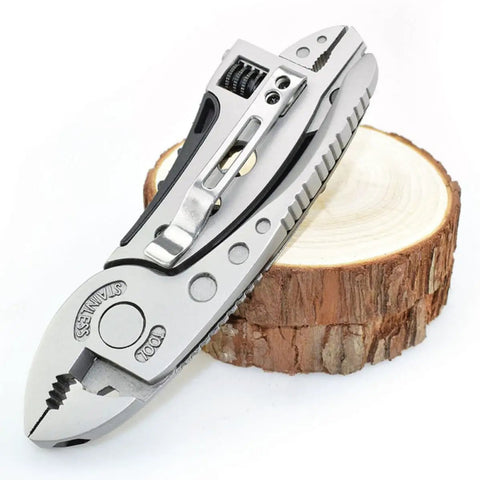 Two Piece Portable Stainless Steel Multitool Pliers Set With Wire Cutters And Multi Purpose Wrench on wooden surface