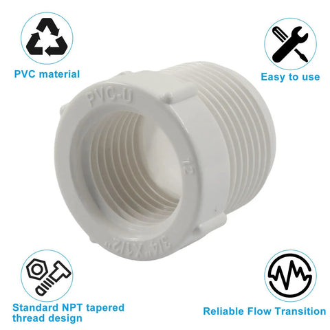 Top Shelf 10 Piece 3/4 Inch Male To 1/2 Inch Female Thread Reducer Bushing PVC Pipe Adapter showing a close-up of the threaded connection.