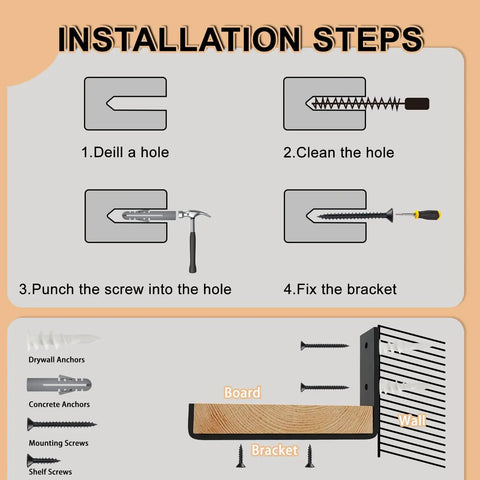 Installation steps for Heavy Duty 12 Inch Wall Shelf Brackets 6 Pack Black Iron For 11.25 Inch Boards Garage Kitchen Laundry Room Floating Shelf Hardware 150 Lbs Per Pair