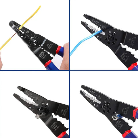 8 Inch Self-Adjusting Wire Stripper Set 3-In-1 Tool For Stripping Cutting And Crimping showcased in different uses and angles