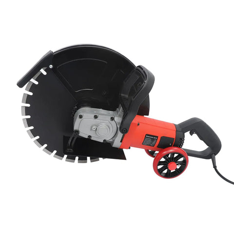 Heavy Grit High Output Electric Concrete Saw With 16 Inch Diamond Blade For Wet Dry Setup, side view showcasing the blade and handle.