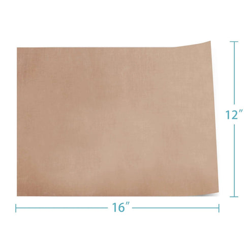 Flat lay of a single sheet from 3 Pack Non Stick PTFE Sheets For Heat Press 12 By 16 Inches Heat Transfer Mats, shown with measurements