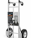 2-in-1 hand truck with black handle and metal frame, shown upright with wheels, suitable for various transport tasks.