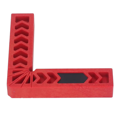 12 Pack Heavy Duty Plastic Corner Clamps For Woodworking Right Angle Frame Assembly Jig With Badass Non Slip Grip For DIY Furniture And Cabinetry No Sweat Setup Every Time, showing sturdy red plastic clamp for precise angle support.