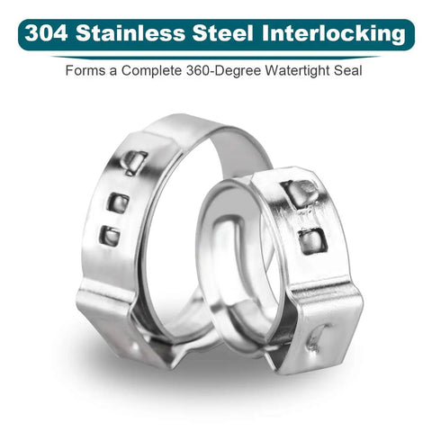 304 stainless steel interlocking clamps for Ratcheting Pex Crimp Tool For Stainless Steel Clamps Three Eighths Inch To One Inch Pro Grade Universal ASTM 2098 Includes Twenty Half Inch Rings And Ten Three Quarter Inch Clamps DIY Friendly Self Releasing Mechanism For Leak Free Install showing complete 360-degree watertight seal.