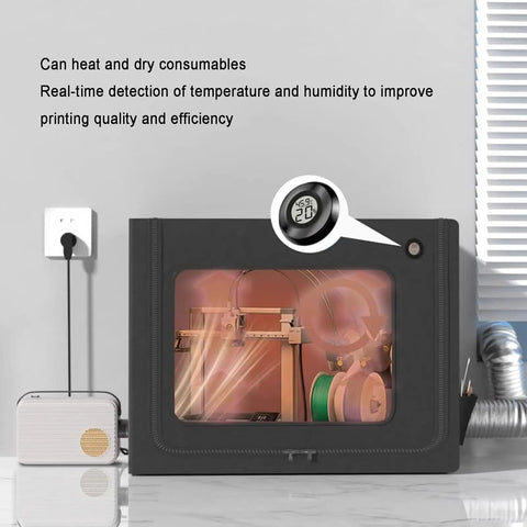 Heavy Duty 3D Printer Enclosure With LED Light Filament Dryer Dust Cover shown heating filament with temperature display