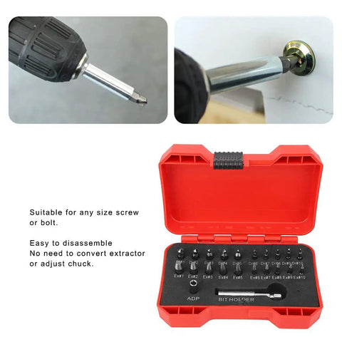 Kick Some Ass With This High Speed Steel Nan Screw Removal Drill Bit Set, A Total Game Changer For DIYers Fixing Stripped Bolts And Broken Fasteners In Your Garage Or Home Workshop Without Any Drama Or Stress. HSS extractor set in red case with adapter and bit holder