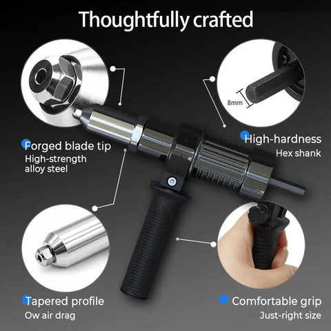 Upgrade Your Drill With This Pro Electric Rivet Gun Adapter Kit, featuring forged steel tip, hex shank, and ergonomic grip for precision.