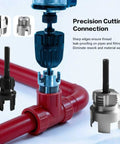 Versatile 3 Piece PVC Pipe Threader Set For Internal And External Threading For 1/2 Inch 3/4 Inch And 1 Inch Pipes With Hex Shank Quick Change Heavy Duty Carbon Steel Construction Fits Electric Drills DIY Pro Grade Pipe Threading Tools in use on red PVC pipe with drill attachment, close-up view.