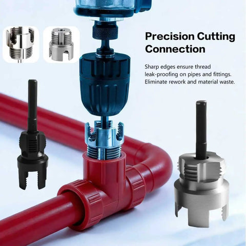 Versatile 3 Piece PVC Pipe Threader Set For Internal And External Threading For 1/2 Inch 3/4 Inch And 1 Inch Pipes With Hex Shank Quick Change Heavy Duty Carbon Steel Construction Fits Electric Drills DIY Pro Grade Pipe Threading Tools in use on red PVC pipe with drill attachment, close-up view.