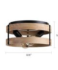 Two Light Modern Farmhouse Flush Mount Ceiling Light With Metal And Wood Round Drum Rustic Ceiling Fixture, dimensions shown.