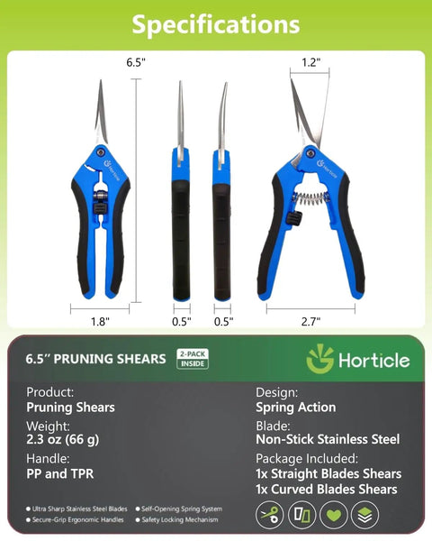 Two Pack 6.5 Inch Garden Scissors Pruning Shears For Small Plants, Razor Sharp Blades, Ergonomic Comfort