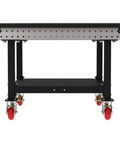 Heavy Duty Welding Fixture Table 48 By 48 By 36 Inches Shop Ready Metalworking Workbench angled view showing swivel casters and bottom shelf.