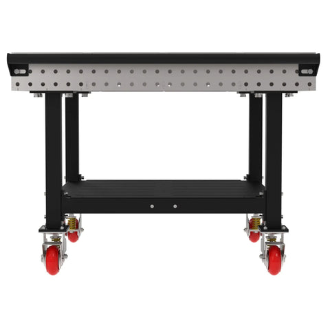 Heavy Duty Welding Fixture Table 48 By 48 By 36 Inches Shop Ready Metalworking Workbench angled view showing swivel casters and bottom shelf.