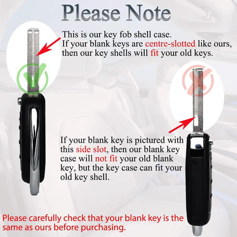 Instructional diagram showing compatibility of Hyundai Key Fob Shell Case Replacement for Sonata and Santa Fe 2013-2020 with center-slotted keys.