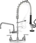 Heavy Duty Commercial Kitchen Faucet With Sprayer And Pre Rinse 25 Inch Height 8 Inch Center Wall Mount 12 Inch Swing Spout Brass Chrome Industrial Grade For Compartment Sinks