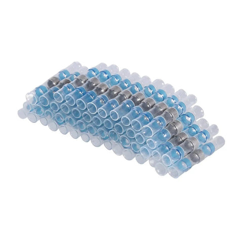 Assorted Insulated Heat Shrink Butt Wire Connectors With Solder Sleeve Splice Terminals Kit For Electrical Repairs In AWG 10 To 26 Range To Fix Wiring Fast And Keep Your Connections Solid Without The Hassle Of Messy Tools., blue and clear insulated solder sleeve wire connectors in assorted sizes