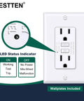 Ultra Slim GFCI Outlet 15 Amp With LED Indicator And Ground Fault Protection No Brainer GFCI Receptacle Non Tamper Resistant Wall Plate Included ETL Certified White 10 Pack, showing LED status indicator and wall plate.