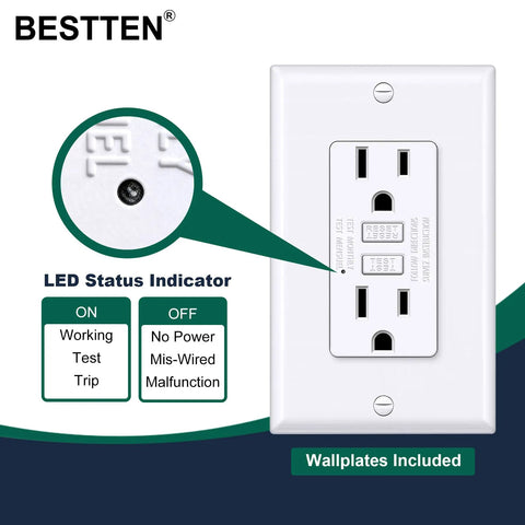 Ultra Slim GFCI Outlet 15 Amp With LED Indicator And Ground Fault Protection No Brainer GFCI Receptacle Non Tamper Resistant Wall Plate Included ETL Certified White 10 Pack, showing LED status indicator and wall plate.