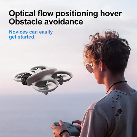 Palm Sized FPV Drone With Dual Cameras For Beginners floating near a user, showing optical flow and obstacle avoidance in outdoor setting.