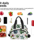 Desert Plant Inspired Tropical Green Insulated Lunch Bag For Women And Men With Adjustable Shoulder Strap, surrounded by lunch items