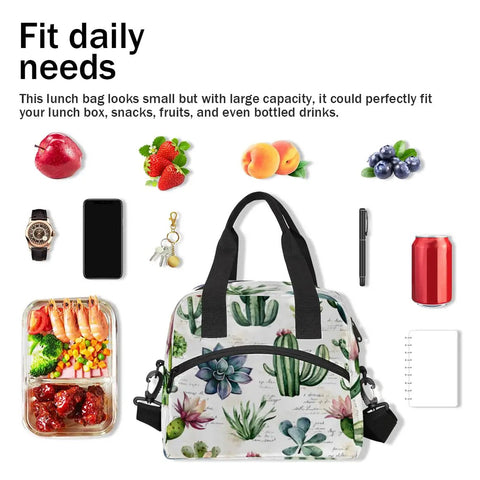 Desert Plant Inspired Tropical Green Insulated Lunch Bag For Women And Men With Adjustable Shoulder Strap, surrounded by lunch items