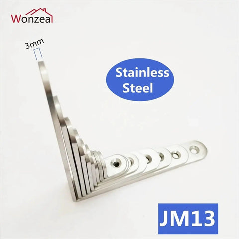 10 Pack 3mm Stainless Steel Corner Brace Brackets Heavy Duty L Shaped Angle Supports With Satin Finish stacked on white background.