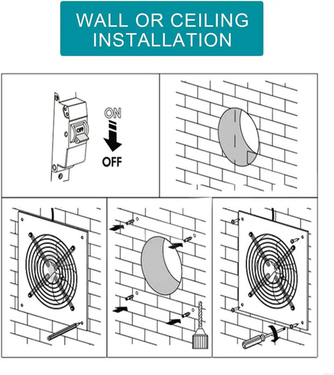 Installation guide for 8 Inch Through Wall Exhaust Fan 110V 500 CFM White Built Tough Metal Housing Ideal For Kitchen Bathroom Laundry Room Toilets Garage Office Mall Smoke Ventilation