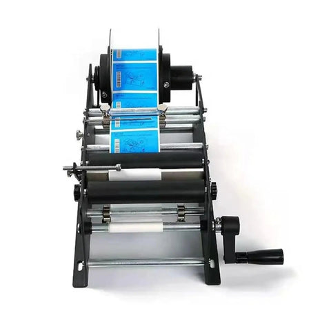 Cool Handheld Semi-Automatic Label Printer For Round Bottles And Jars Easy Manual Tape Dispenser Machine for Small Business Packaging Efficient Sticker Applicator Tool with blue labels and manual crank.