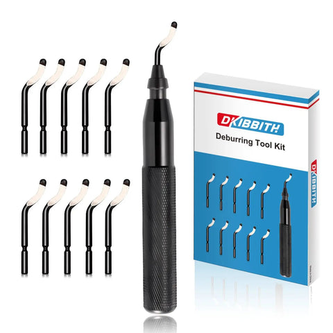 Deburring Tool With 11 HSS Swivel Blades For Metal 3D Prints And Resin Ideal For Plumbing Burr Removal Rust Resistant Coating Ultra Sharp Edges Durable High Carbon Steel Construction Easy Grip Handle in packaging with extra blades.