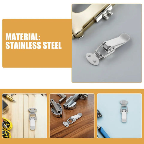 Top Pick Spring Loaded Toggle Latch Hasp Silver Stainless Steel 10 Pack Heavy Duty Buckle displayed on various surfaces.